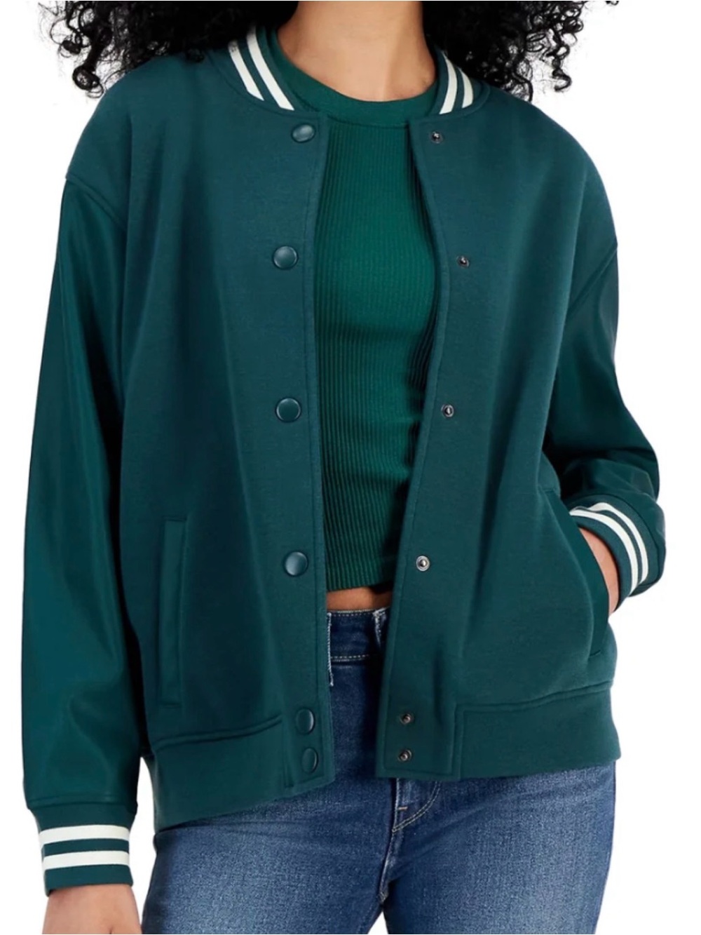 Women’s Forest Green Bomber Jacket with Stripe Collar Hippie Rose Sz XL